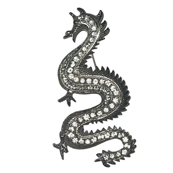 Huge Vintage Clear Rhinestone Gold Tone Red Eyed Dragon Statement Brooch - Picture 10 of 12